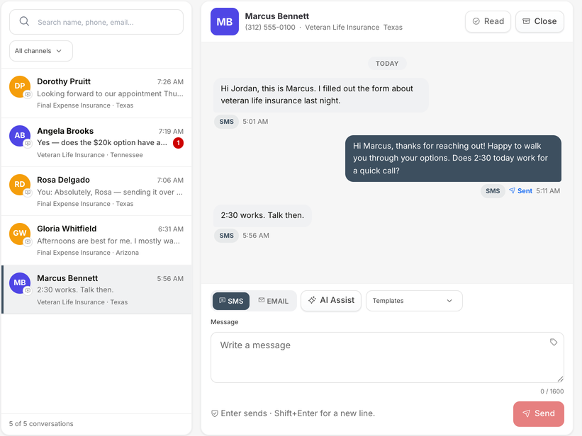 GOAT CRM Conversations screen: a list of five demo lead threads beside an open SMS conversation with a veteran life insurance lead, and a message composer with SMS, Email, AI Assist and Templates controls.